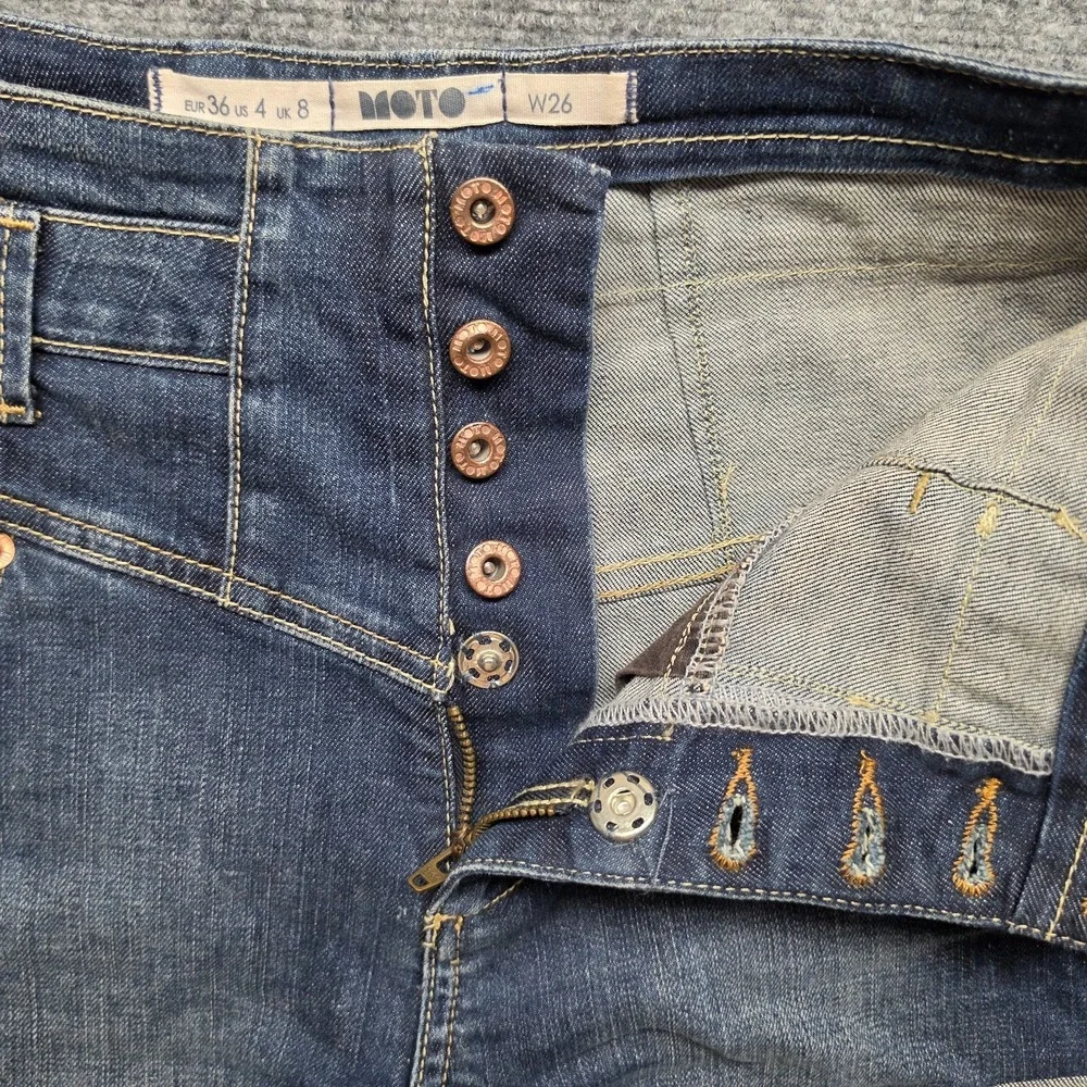 : Topshop MOTO High Waisted Corset Denim Shorts Womens US 4 W26 Dark Wash Cuffed